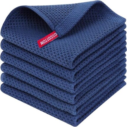 Elitetto 100% Cotton Navy Blue Waffle Tea Towels for Kitchen - Kitchen Towel Set - Absorbent Tea Towels for Baking, Drying & Cleaning