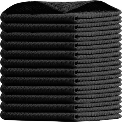 Elitetto 100% Cotton Black Waffle Tea Towels for Kitchen - Kitchen Towel Set - Absorbent Tea Towels for Baking, Drying & Cleaning
